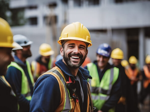 A group of smiling construction workers wearing uniforms