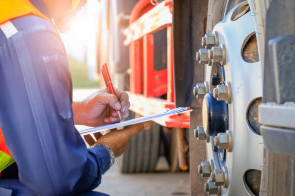 Top 10 Most Common FMCSA Driver Violations for 2023 Preforming a pre-trip inspection on a truck,Concept preventive maintenance truck checklist,Truck driver holding clipboard with checking of truck,spot focus.