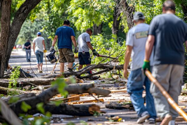 Dedicated Volunteers Clearing Storm Debris in Community Park for Ecological Renewal A group of volunteers are working together to remove fallen trees and other debris from a local park after a recent storm The community members are collaborating to restore the natural environment